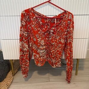 Free People V Neck long sleeve red ruched top size S